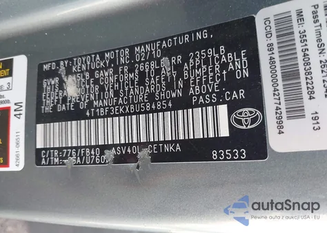 2011 Toyota Camry Le z USA, uszkodzony, nr VIN 4T1BF3EKXBU584854
